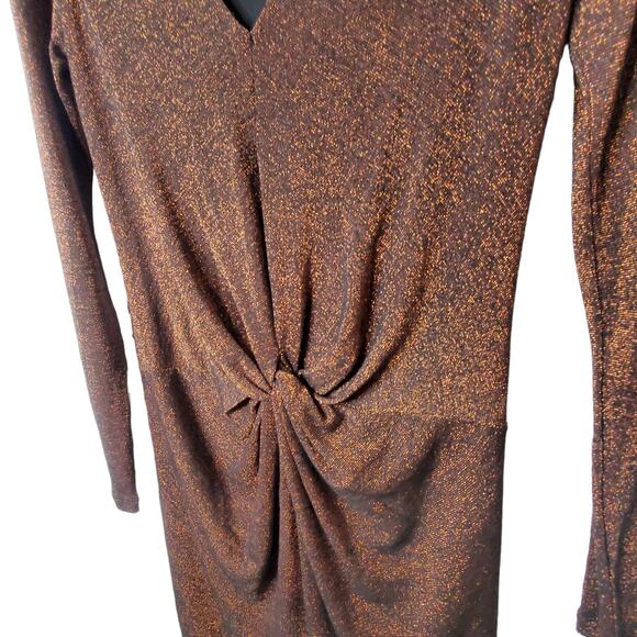 Ted Baker Women's Lizzey Metallic Copper Dress Size 4 Long Sleeve Twist Front - Picture 4 of 7